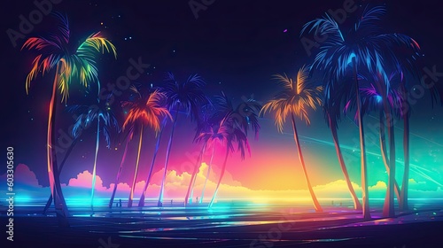 Futuristic Summer Beach Party with Bright Neon Lights and Tropical Palms: Generative AI © AIGen