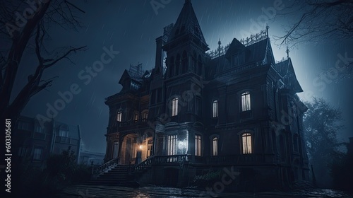 Mystic Moonlight Illuminating Gothic Victorian Manor on a Dark Rainy Night. Generative AI