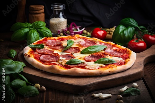 Tasty Italian Pepperoni Pizza with Basil and Veggies - The Perfect Fast Meal or Snack: Generative AI