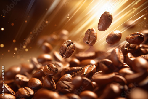 Capture the beauty of flying coffee beans in an abstract