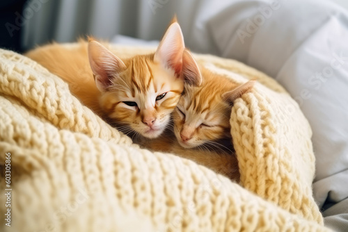 Ginger kitten on couch under knitted blanket. Two cats cuddling and hugging. Domestic animal. Sleep and cozy nap time. Home pet. Young kittens. Cute funny cats at home