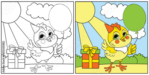 Coloring for kids chicken wth balloon vector illustration