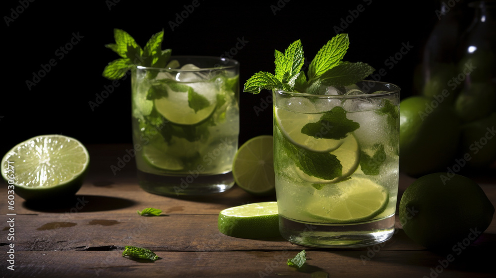 Refreshing summer cocktail mojito. Generative AI image Refreshing summer cocktail mojito. Generative AI image