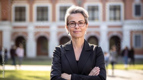 Portrait of a professor in a university with the hall in the background. Generative AI.