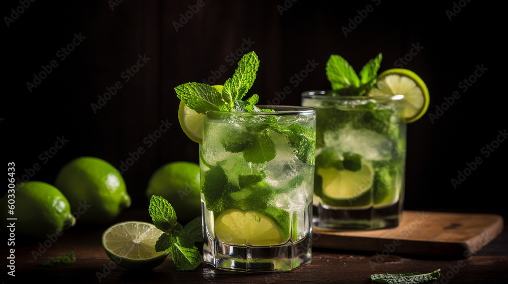 Refreshing summer cocktail mojito. Generative AI image Refreshing summer cocktail mojito. Generative AI image