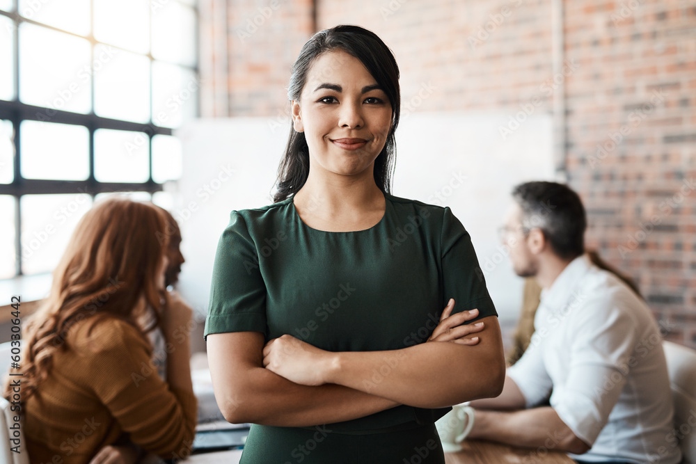 Portrait, office meeting and business woman with arms crossed in company workplace. Face, confidence and happy female leader, professional and person with pride for career, job and success mindset. Portrait, office meeting and business woman with arms crossed in company workplace. Face, confidence and happy female leader, professional and person with pride for career, job and success mindset.