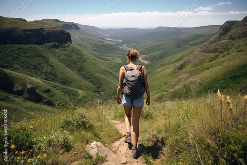 A woman is traveling in Mountains with Backpack. rear view
