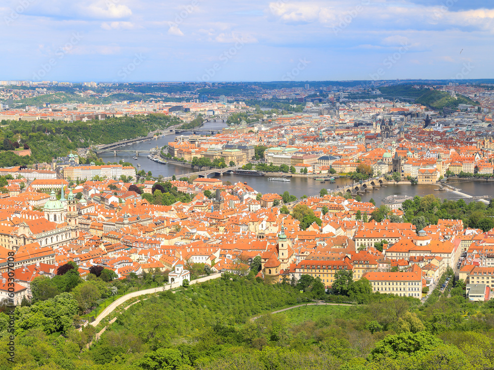 Panorama bird-eye view of the Prague lesser town and the old town area, Czech Republic