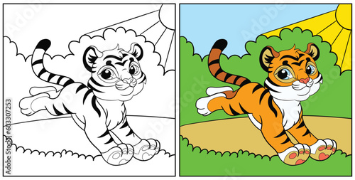 Coloring for kids cute running tiger cub vector illustration