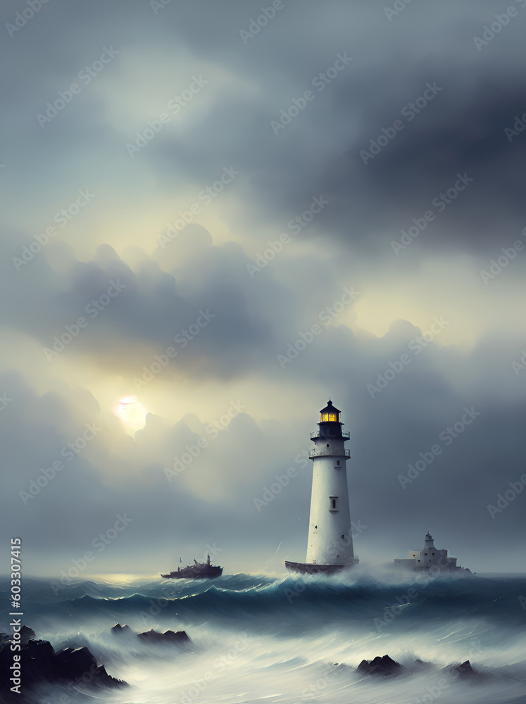 Lighthouse in the rough sea. AI generated illustration