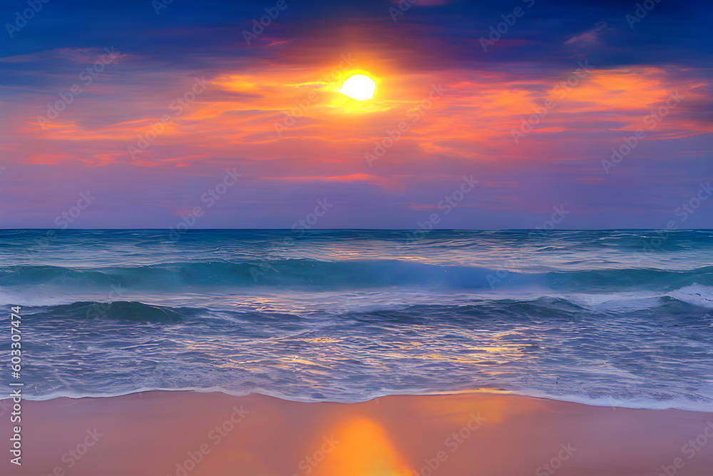 Sunset landscape, summer tropical beach. Sea, ocean, waves, surf, red yellow blue sky, sunset. Design concept for travel, family vacation. Great natural beach background. Illustration. Generative AI Sunset landscape, summer tropical beach. Sea, ocean, waves, surf, red yellow blue sky, sunset. Design concept for travel, family vacation. Great natural beach background. Illustration. Generative AI