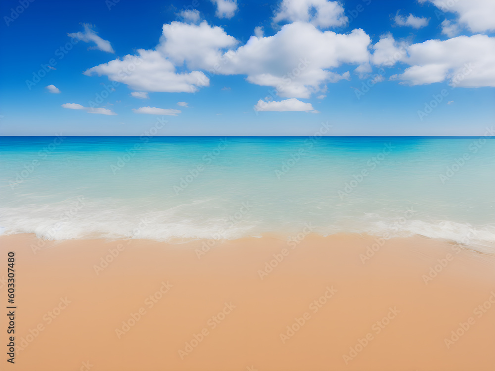 Landscape, summer tropical beach. Azure sea, ocean, surf, blue sky with cumulus clouds, ,sand. Design concept for travel, family vacation. Natural beach background. Illustration. Generative AI