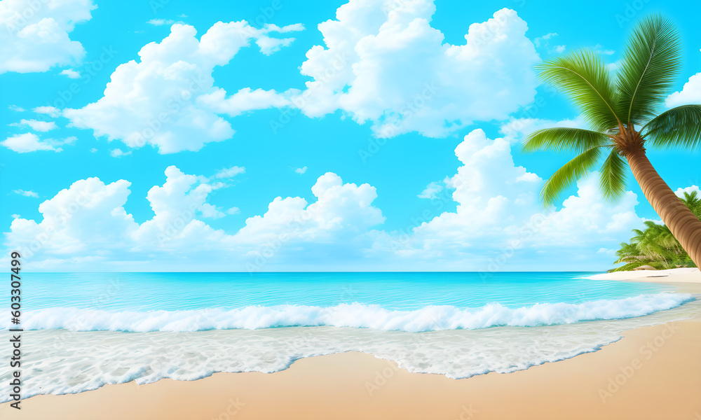 Landscape with summer tropical beach. Azure sea, ocean, waves, blue sky with cumulus clouds, palm trees, warm sand. Design concept for travel, family vacation. Great natural background. Generative AI