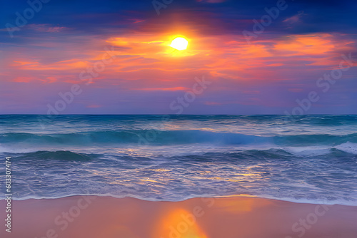 Sunset landscape  summer tropical beach. Sea  ocean  waves  surf  red yellow blue sky  sunset. Design concept for travel  family vacation. Great natural beach background. Illustration. Generative AI