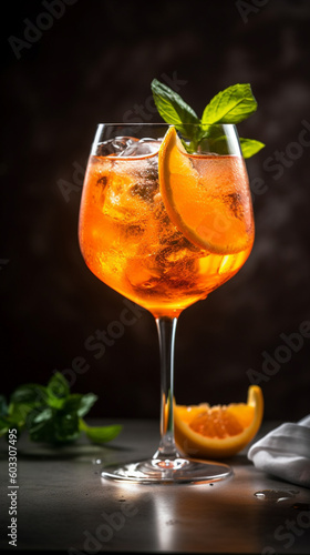 Aperol Spritz, garnished with fresh mint leaves. Generative AI image