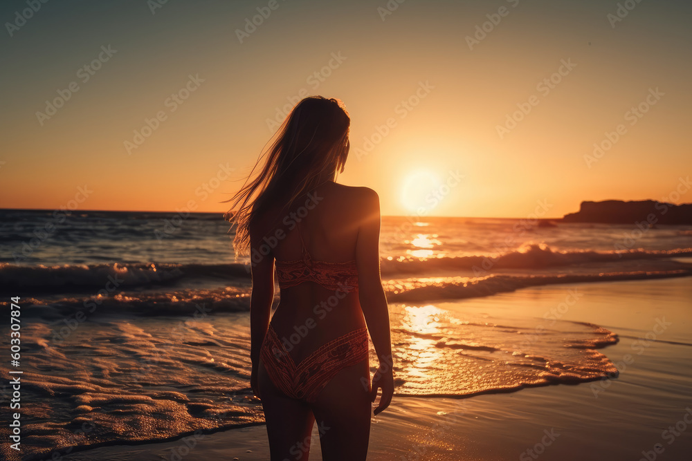 Silhouette of an attractive woman in a bikini on a beach during sunset, wavey landscape photography, outdoor holiday activity (AI) Silhouette of an attractive woman in a bikini on a beach during sunset, wavey landscape photography, outdoor holiday activity (AI)