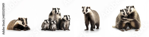 Wildlife forest woods animals european badgers banner panorama long - Collection of cute badger animal (meles meles) family with baby, isolated on white background, Generative Ai.