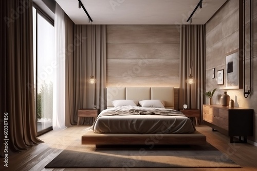 Luxury Beige Bedroom with Walk-in Closet and Bathroom - 3D Interior Mockup. Ai generative