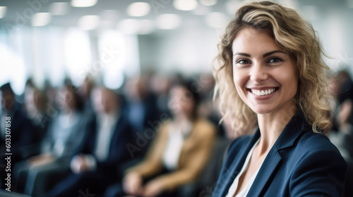 Lächelnde Business Frau mit positiver Ausstrahlung vor einem Publikum im verschwommenen Hintergrund, Generative AI photo