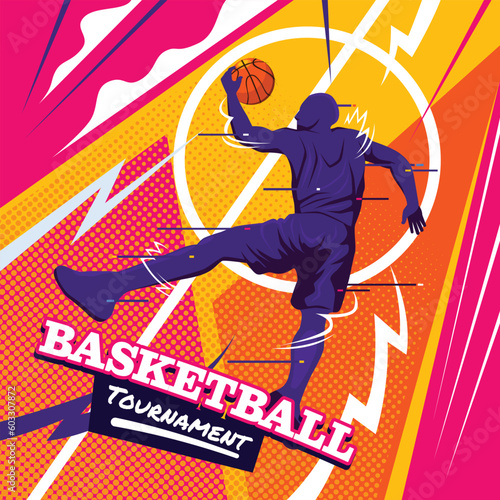 Basketball Man Slam Dunk Pose with Urban Style and Glitch Style in Bold Colorful Colors  