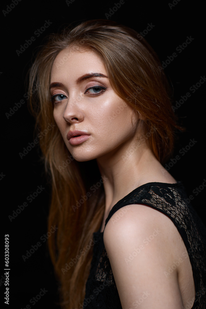 gorgeous brunette woman with long hair in black dress gorgeous brunette woman with long hair in black dress