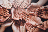 Open hands, diversity and palm together with community, solidarity and support. Above, faith or charity help gesture with people, collaboration and crowd or society union or global poverty commitment