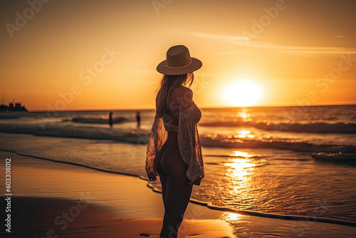 Attractive woman wearing a beautiful tight bikini, outdoors on a tropical beach with the waves and the ocean during sunset golden hour, generative ai