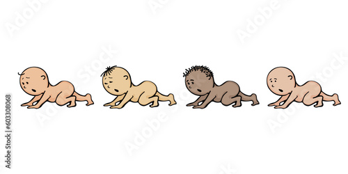 Set of crawling little naked babies of different nations with outstretched hand. In cartoon doodle style. Isolated on white background