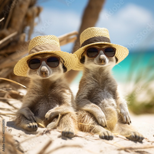 Two funny meerkats in straw hats and sunglasses are relaxing on a sandy sea beach, Generative AI, generative artificial intelligence