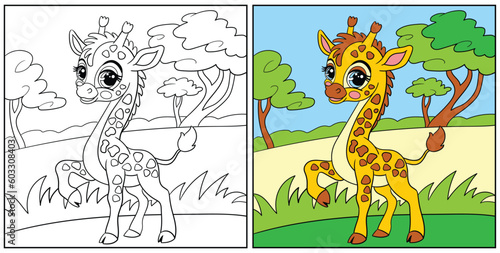 Coloring for kids cute giraffe in the savanna vector