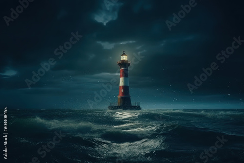 Lighthouse at night at sea in a storm. AI generative.