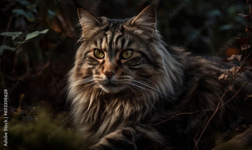 photo of Maine coon cat in its natural habitat. Generative AI