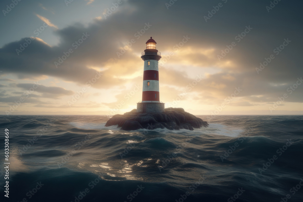 Lighthouse in the sea at sunset. AI generative.