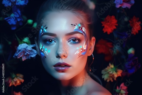 Sensual woman with body art and colored eyes and lips  flowers. Generative AI