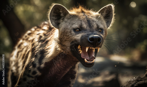 Photo of laughing hyena in its natural habitat, composition showcases the hyena's distinctive markings, powerful jaws, and piercing gaze. Generative AI