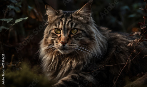photo of Maine coon cat in its natural habitat. Generative AI