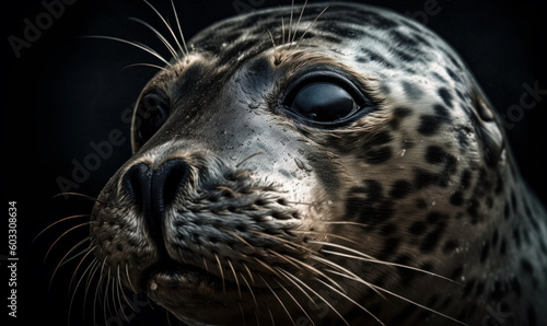 photo of leopard seal on dark background. Generative AI © Bartek