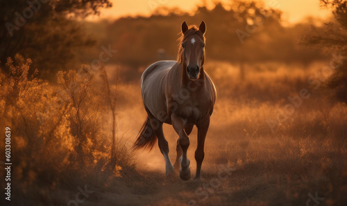 photo of Missouri fox-trotting horse running in tall grass at sunset. Generative AI © Bartek
