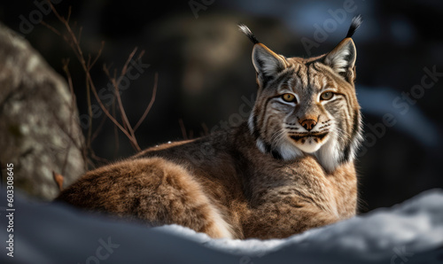 Lynx in the Snow  Photo of lynx  poised and alert on a snow-covered rocky outcropping  with piercing yellow eyes fixed on potential prey. Generative AI