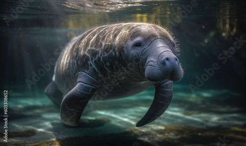 Photo of manatee, gliding gracefully through crystal clear water with sunlight filtering through the surface, illuminating its unique, textured skin. Generative AI