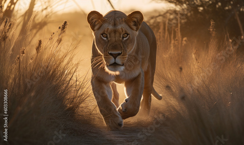 photo of liger (hybrid of lion and tiger)  running in tall grass at sunset. Generative AI photo