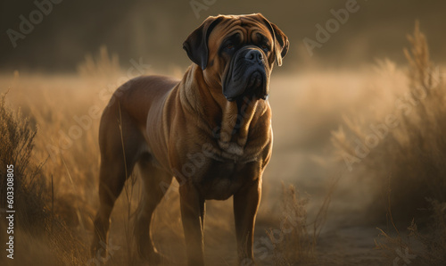 Photo of Mastiff, standing tall and proud in a grassy field with a hint of morning mist illuminating the Mastiff's powerful form, highlighting its muscular build and dignified gaze. Generative AI