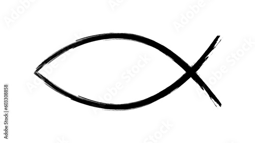 Christian symbol fish in grunge brush stroke. Jesus fish icon religious sign. Faith in Jesus Christ. Vector illustration