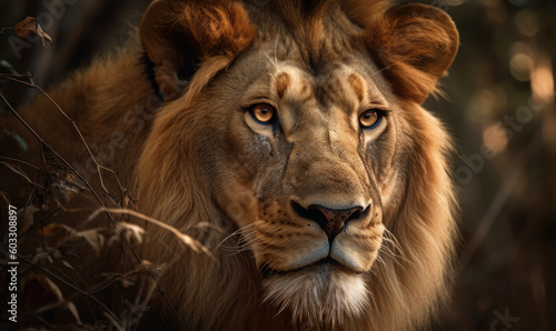 closeup photo of lion on blurry natural background of its natural habitat. Generative AI © Bartek