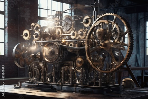 Fantastic sparkling perpetual motion machine in an industrial background. Generative AI