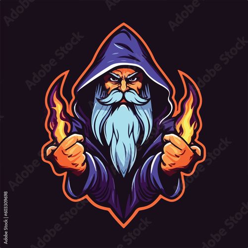 wizard magic fire head e sport logo badge vector illustration