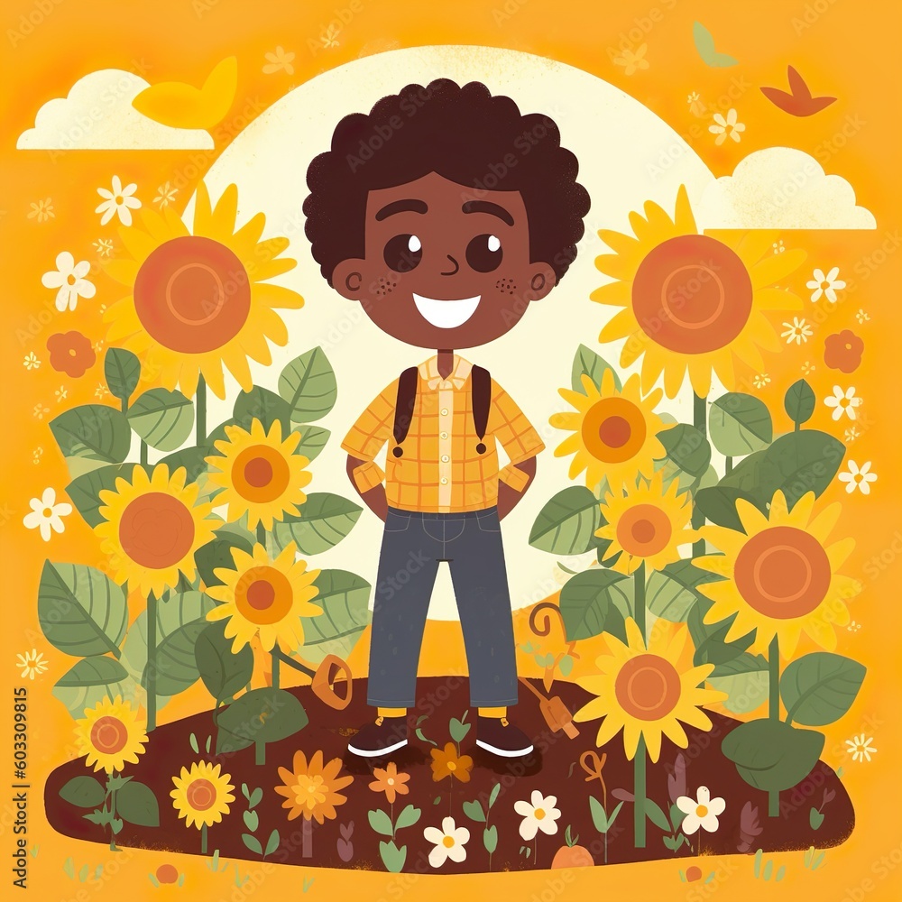 illustration of a Afrocentric black boy dressed in hippie fashion in the garden, sunny and flowery Made with generative Ai technology illustration of a Afrocentric black boy dressed in hippie fashion in the garden, sunny and flowery Made with generative Ai technology