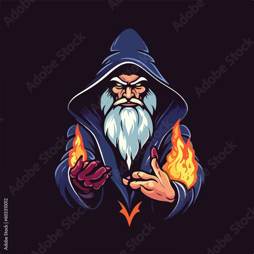 wizard magic fire head e sport logo badge vector illustration