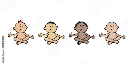 Set of surprised little naked kids of different nations sitting in lotus position and arms outstretched