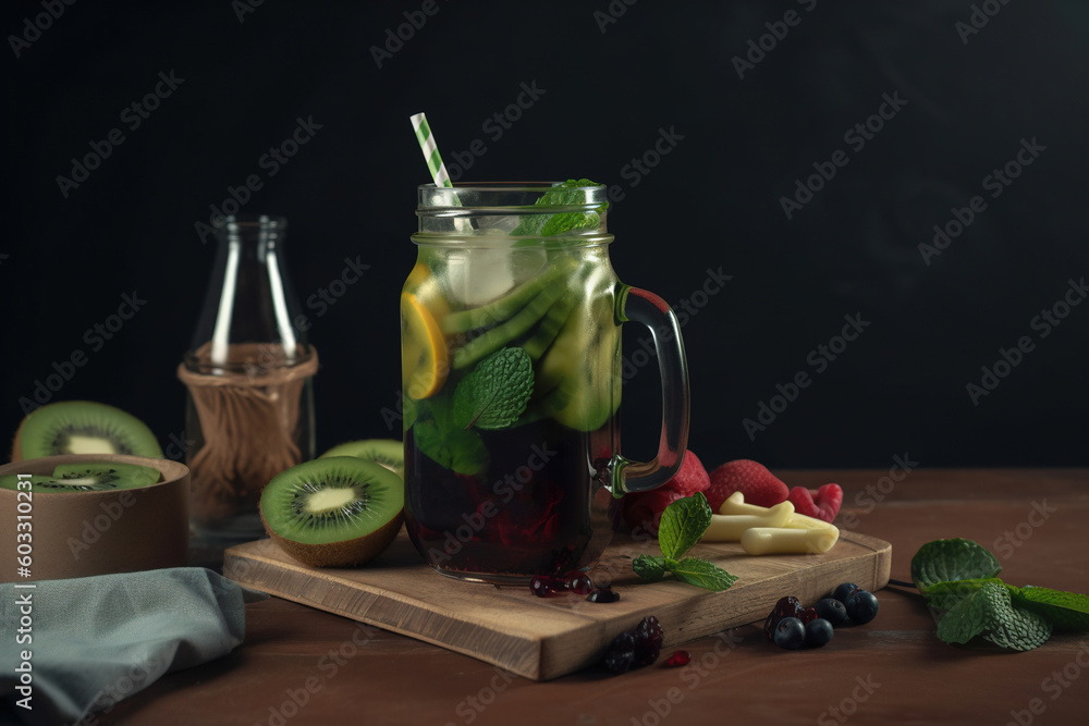 Dietary vegan detox drink made from fresh fruits and berries in a glass bottle. Generative AI Dietary vegan detox drink made from fresh fruits and berries in a glass bottle. Generative AI